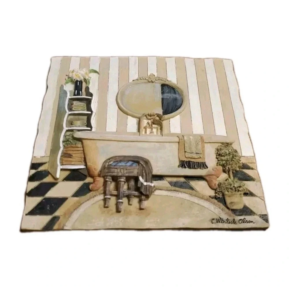 C Winterle Olson Signed 3D Wall Art Tile Bathtub Floral Plants‎ 5.25inx5.5in